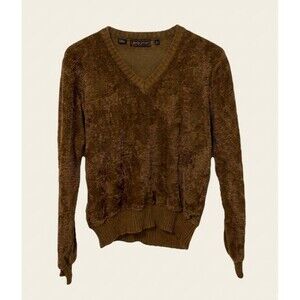 Vintage 70s Shag Knit Sweater Brown V Neck Men’s Large Chenille Style Korea
